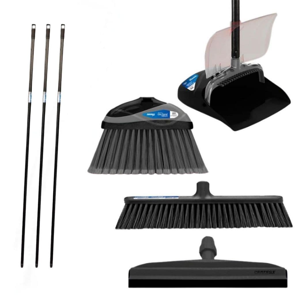 Conjunto kit completo para faxina dentro e fora de casa - 1 rodo 45cm , 1 vassoura uso geral, 1 vassoura pelo e 1 pá