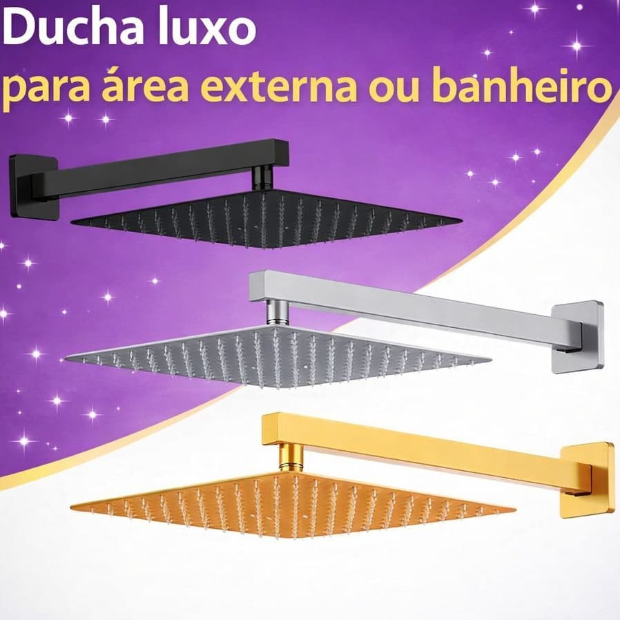 CHUVEIRO 20x20 DUCHA QUADRADO RETO PRETO/DOURADO/PRATA
