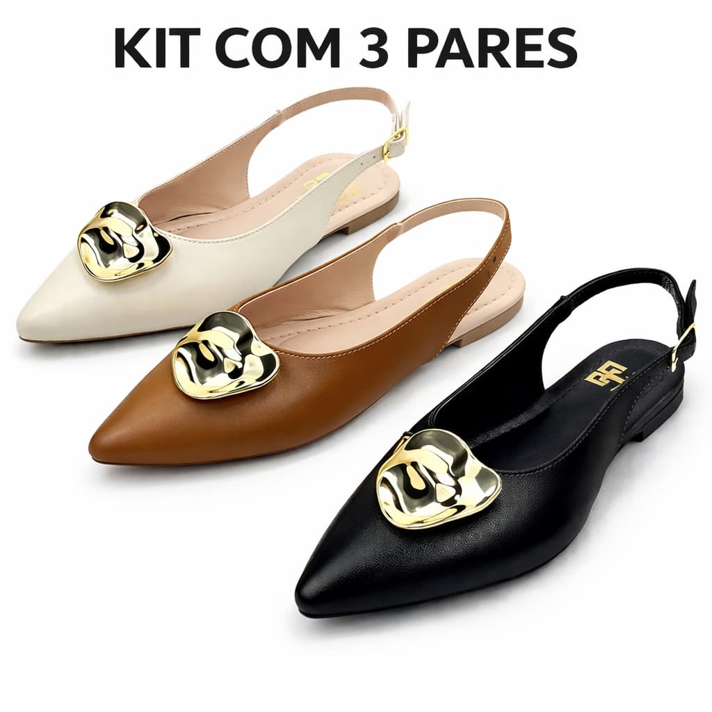 Kit Com 03 Pares Sapatilha Slingback Rasteira Sandalia Bico Fino Feminina Sapato Dia a Dia Social Confortavel Moda