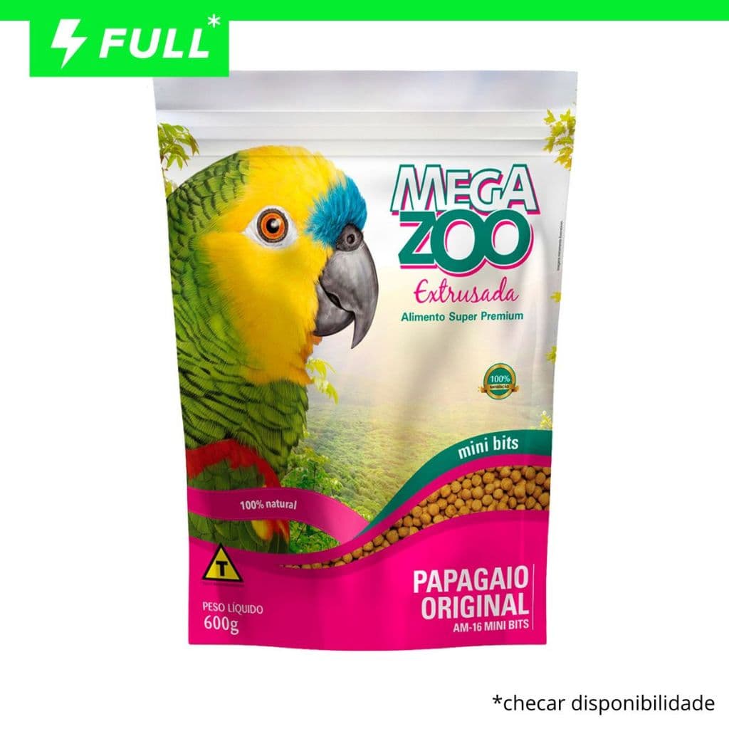 RAÇÃO SUPER PREMIUM MEGAZOO EXTRUSADA PAPAGAIOS MINI 600GR (AM-16) RACAO ALIMENTO COMPLETO