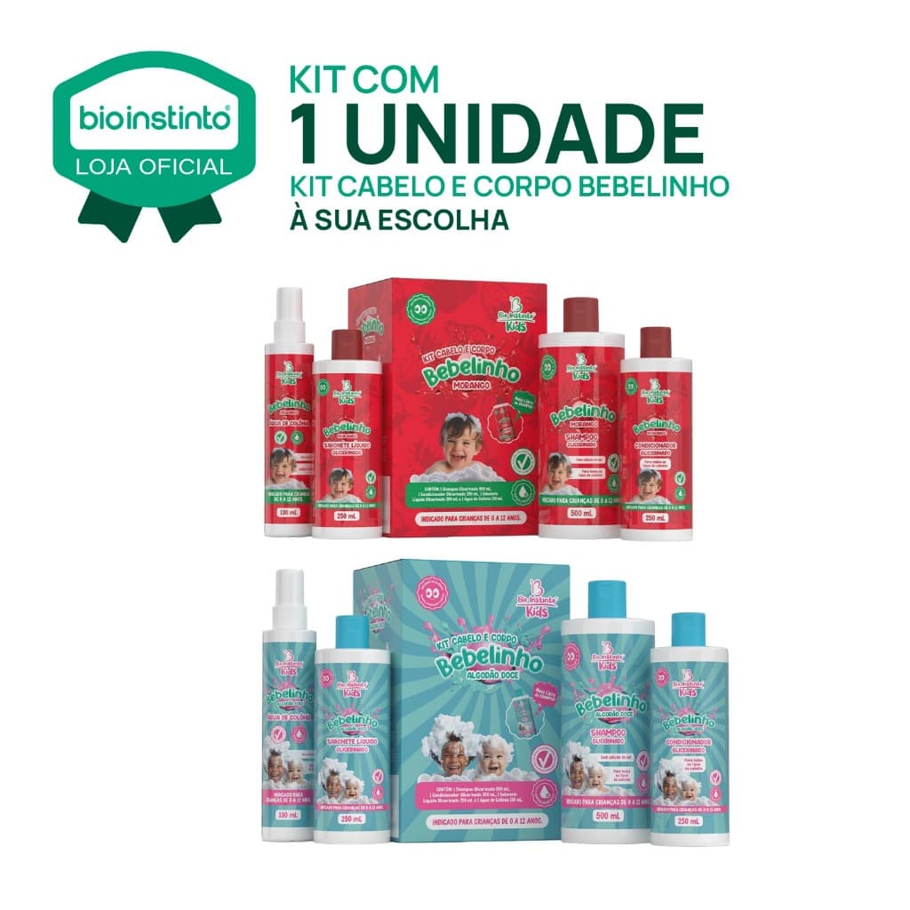 01 Kit Cabelo e Corpo Infantil Bebelinho Shampoo Condicionador Sabonete Colônia 4 itens Bio Instinto