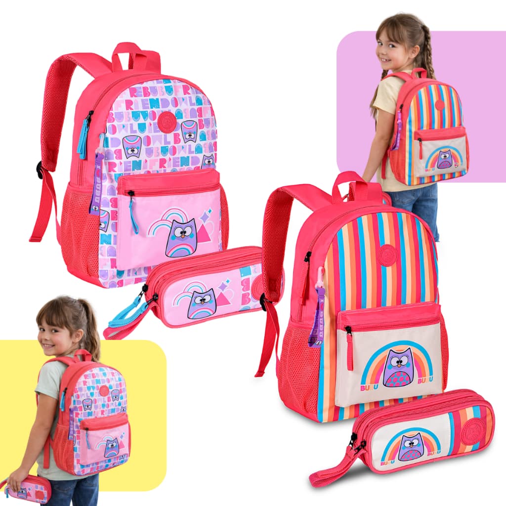 Kit Mochila de Costas e Estojo Bubu Coruja Clio Escolar Menina