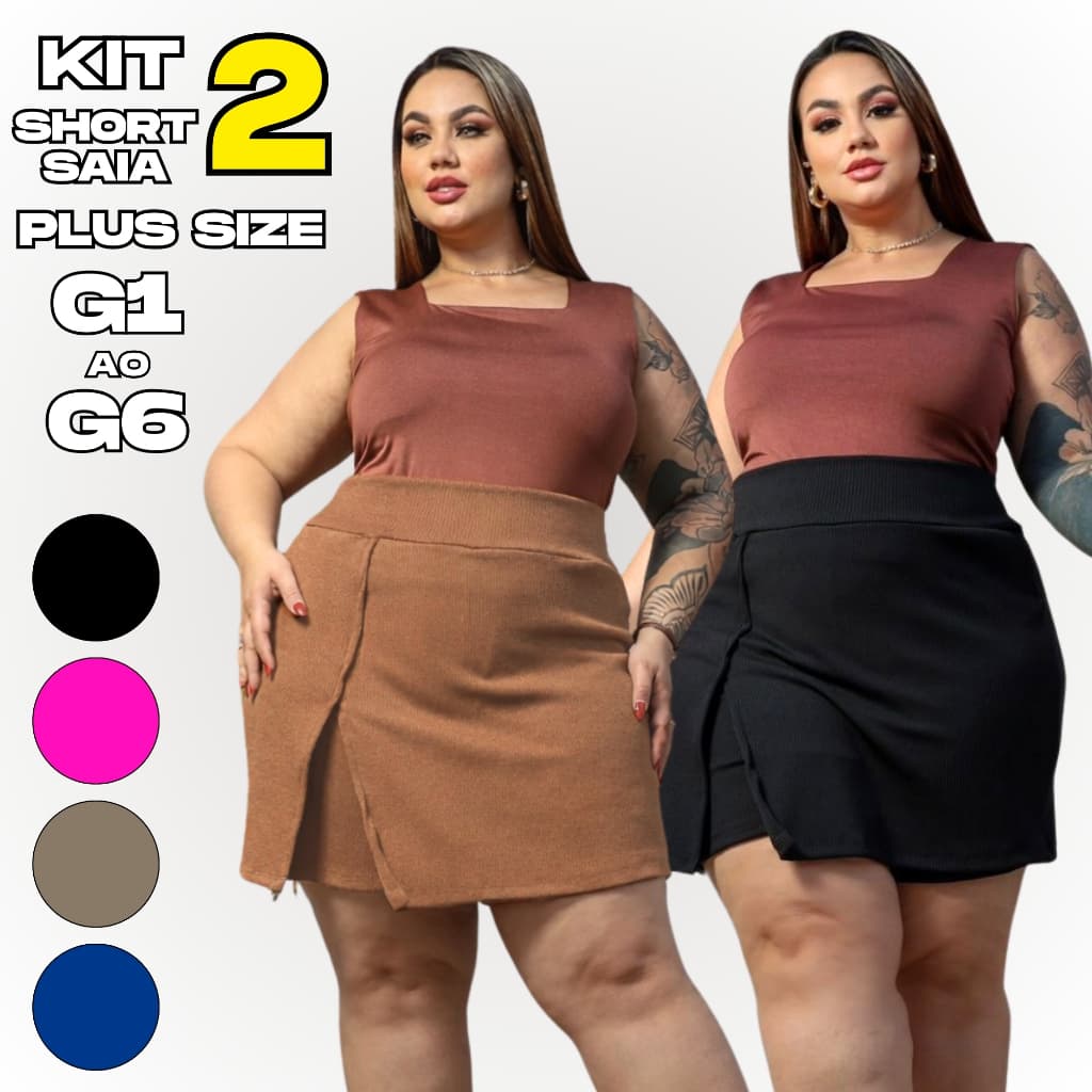 Kit 2 Shorts Plus Size Feminino Cintura Alta Malha Premium Anarruga Casual G1 ao G6