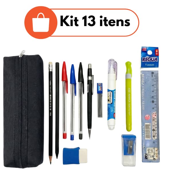 Kit Escolar Pop Completo 13 Itens – Estojo com Materiais Essenciais para Escola e Escritório Lapiseira Corretivo Caneta