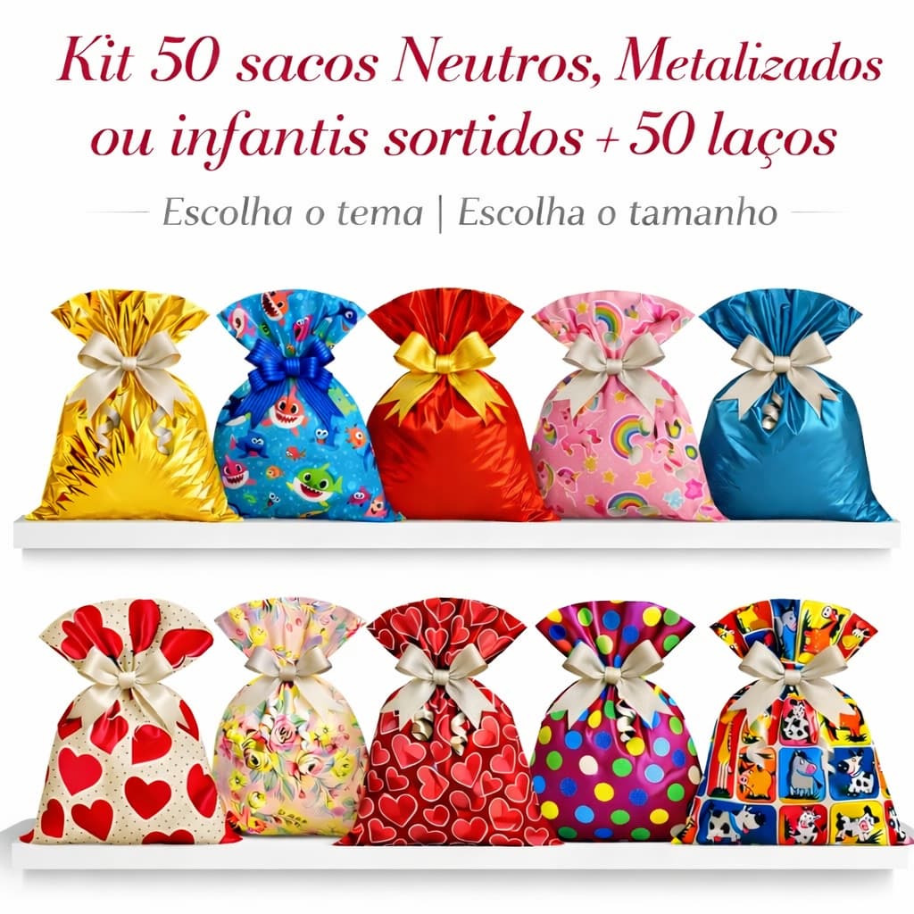 Kit 50un Sacos Presente Sortidos + 50 laços | Escolha o tema e tamanho | Embalagem Estampas Lembrancinha Luxo