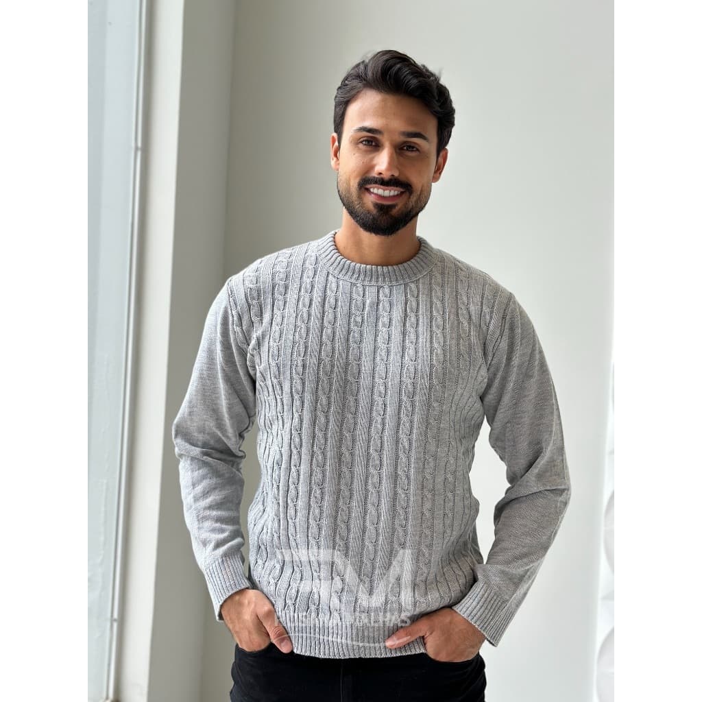 Blusa Sueter Masculino de Frio Com Tranças Estilosas Gola Redonda Manga Longa Moda Inverno Tricot