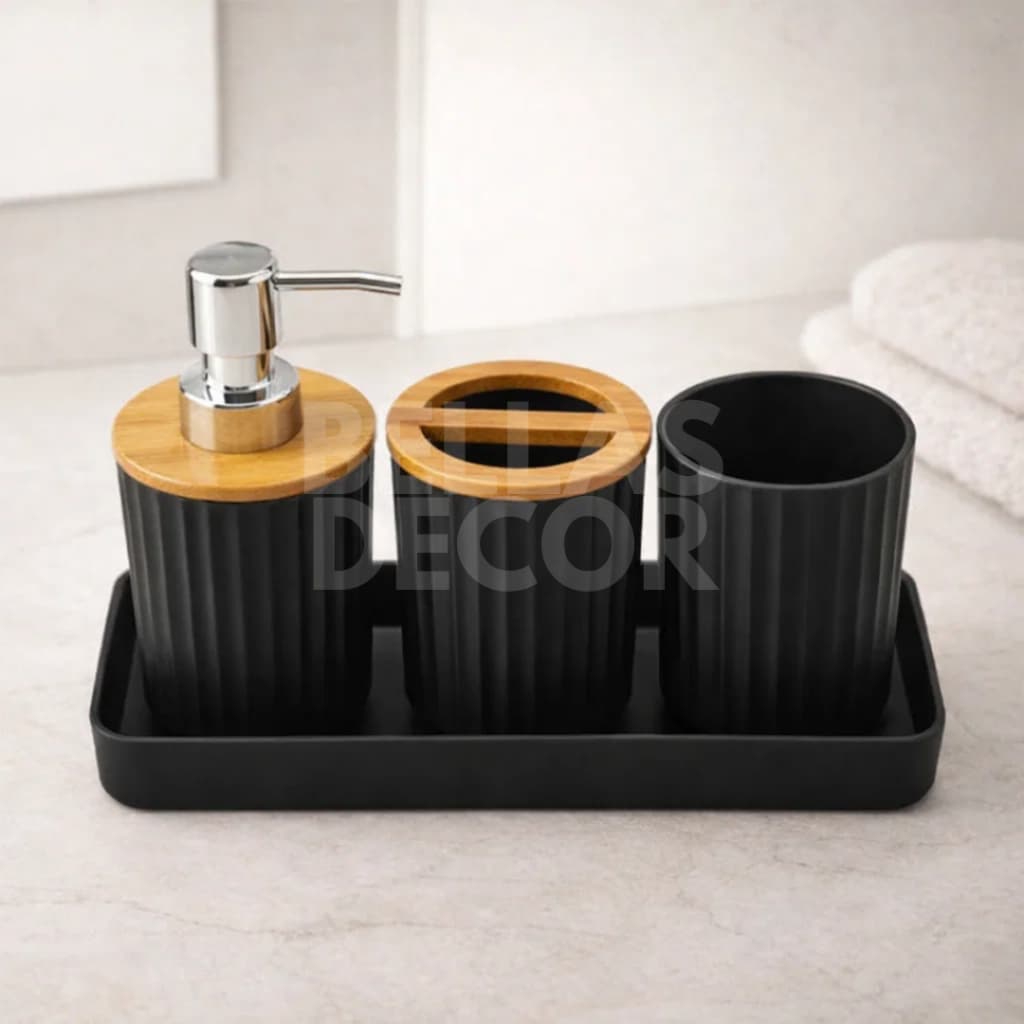 Kit Banheiro 4 Peças Preto com Bambu – Dispenser, Porta-Escova, Copo e Bandeja – Design Minimalista