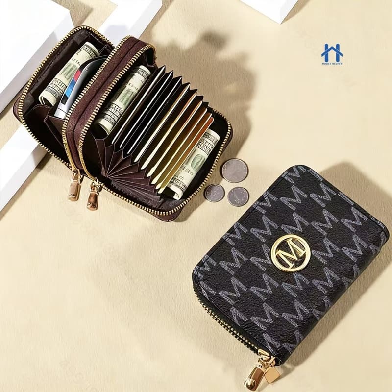 Carteira Feminina Dupla de Couro Pequena com Porta Cartões e Fecho em Zíper Compacta e Leve