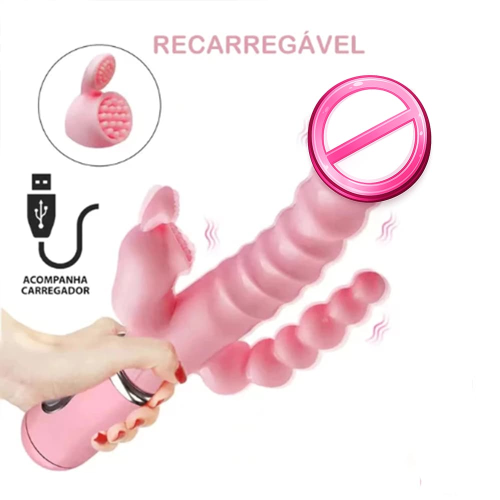 Vibrador Clitóris Recarregável 3 em 1 G Spot Estimulador Anal Vagina 12 modos de Vibração