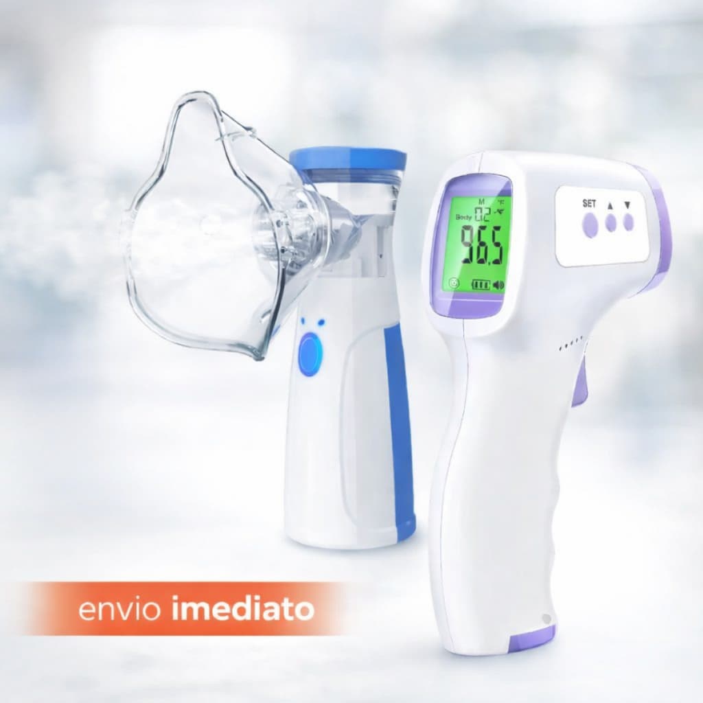 Kit Saude Familiar Inalador Nebulizador Portatil Mesh e Termometro Infravermelho Digital Adulto Crianca