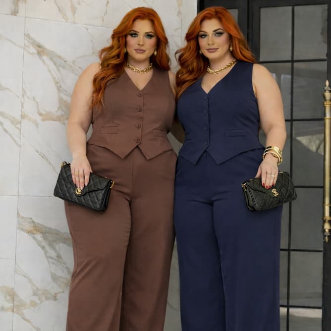 Conjunto Social Plus Size Alfaiataria Feminina Pantalona + Colete Elegante Confortável