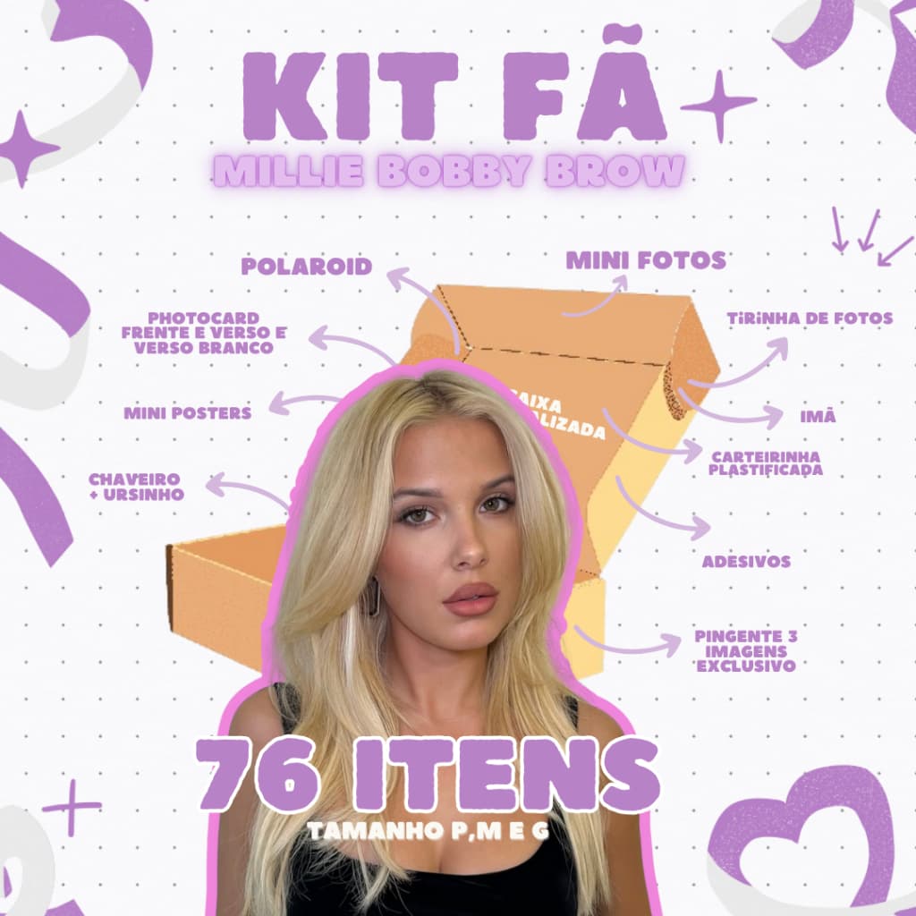 KIT FÃ MILLIE BOBBY BROW [O VIRALIZADO] - ATÉ 76 ITENS - PHOTOCARD • ADESIVOS • CHAVEIRO