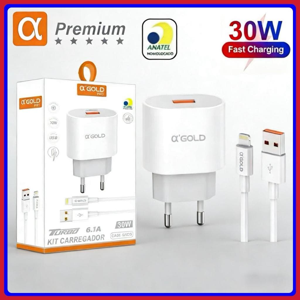 Kit Carregador iPhone 30W Turbo 6.1A USB + Cabo Lightning Carregamento rápido original A’Gold