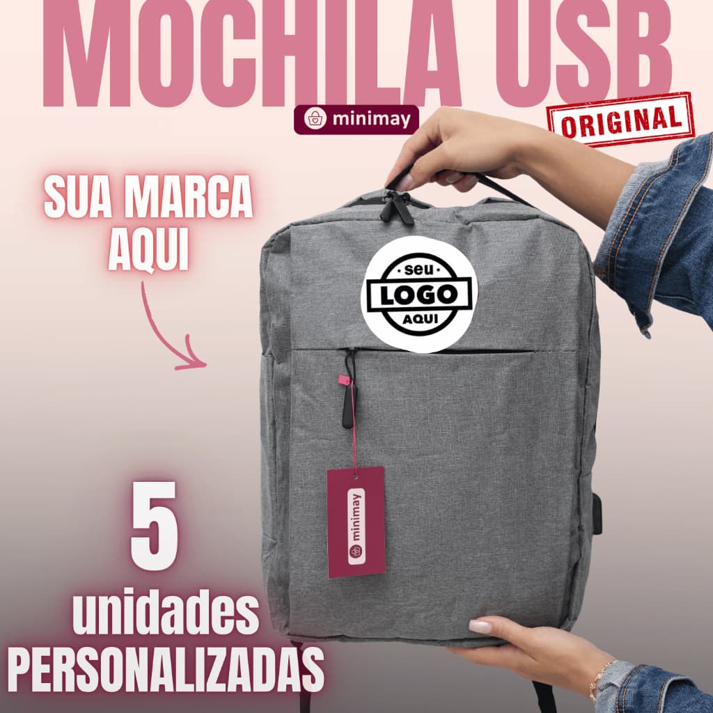 MINIMAY - KIT 5 Mochilas USB cinza personalizadas brinde Mochila com logo