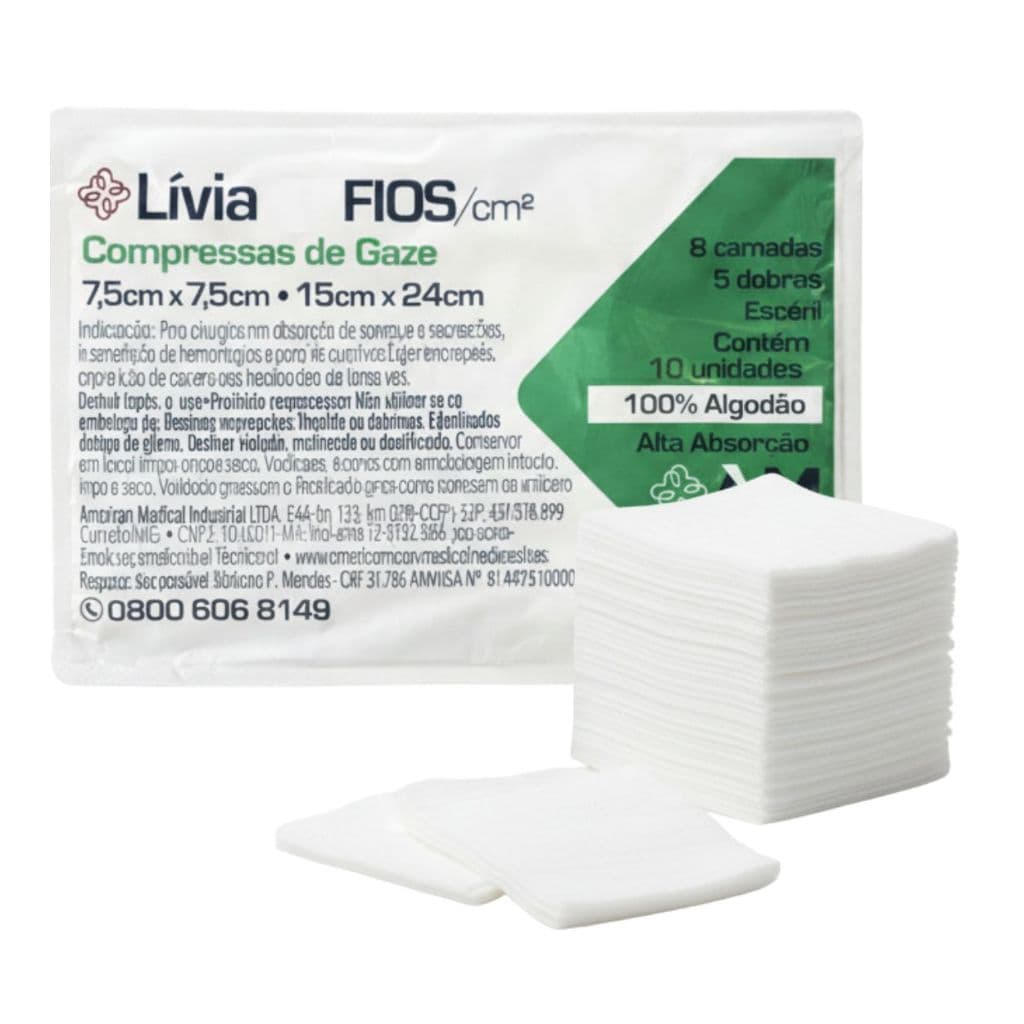 Kit Até 500un Compressa de Gaze Estéril Hidrófila 11 Fios Lívia 7,5x7,5cm Marca Amed