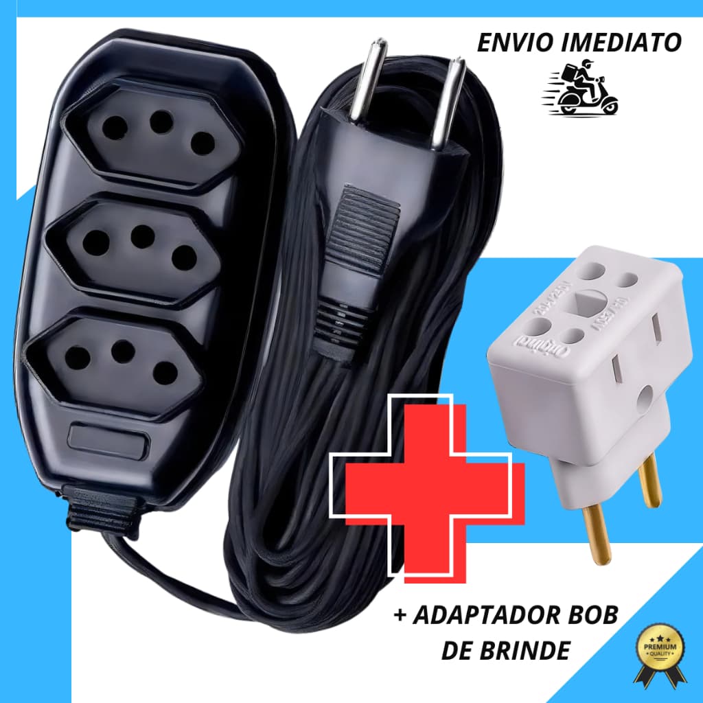Extensão Elétrica Preta 2/3/5/10 Metros - Bivolt 110/220V 10A Tomada Tripolares  Compacta E Resistente