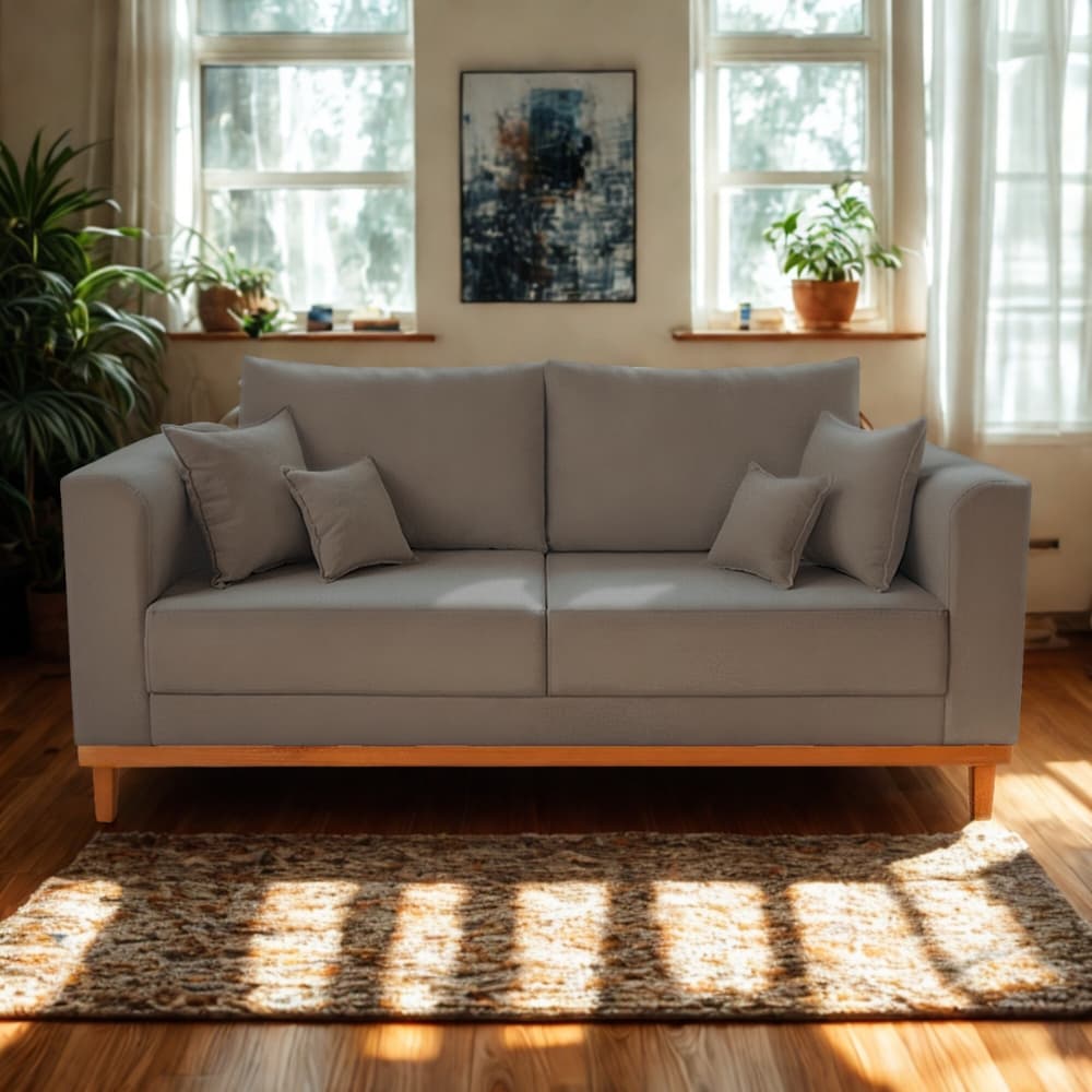 Sofá 3 Lugares Retro Sala de Estar Beny Suede Cinza Madeira Estofados