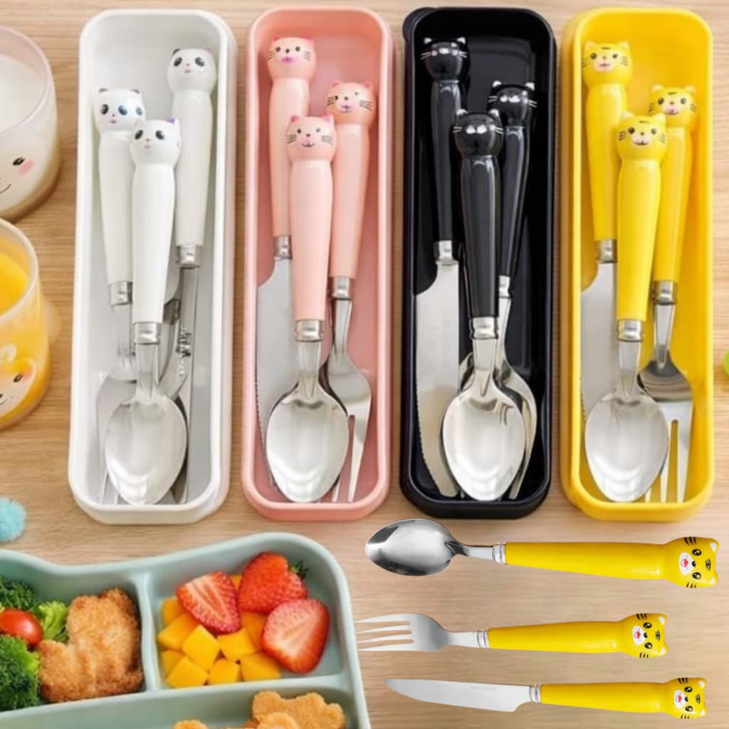 Kit Talher Fofo Infantil Garfo Faca Colher Estojo Portátil Escola Trabalho Viagem Acampamento Criança Marmita Gato Jogo
