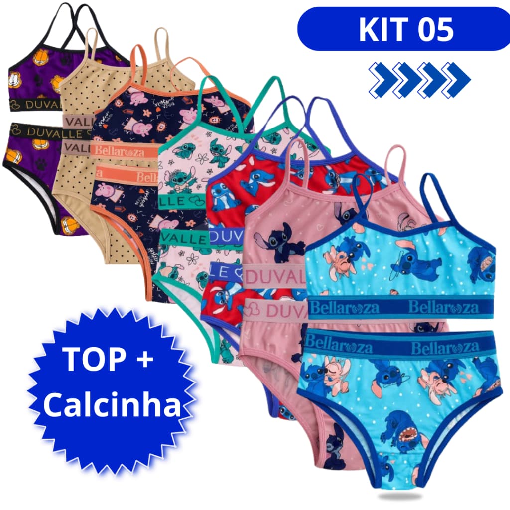 Kit 5 Conjunto INFANTIL Menina Moça Lingerie Juvenil Calcinha Sutiã Alcinha