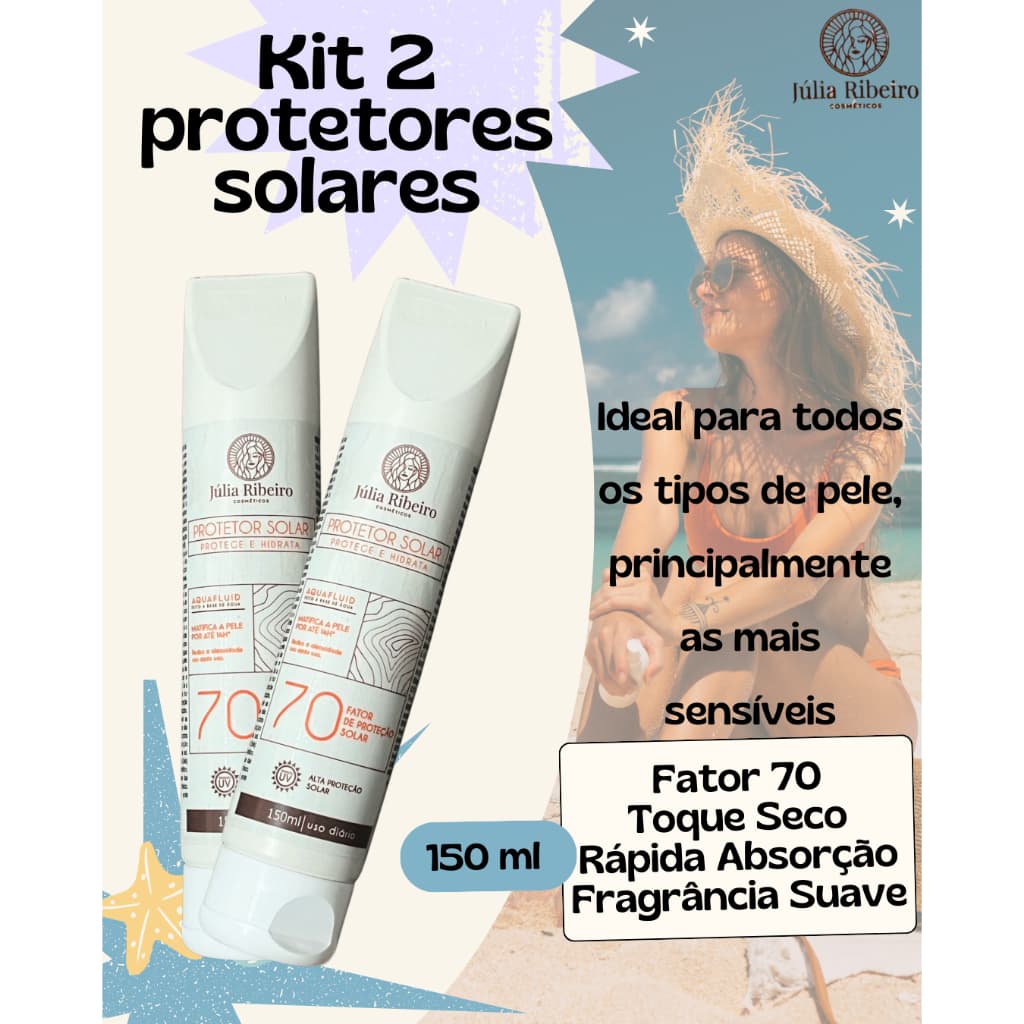 Kit com 2 Protetores Solares FPS 70 – 150ml | Toque Seco, Rápida Absorção | Rosto e Corpo