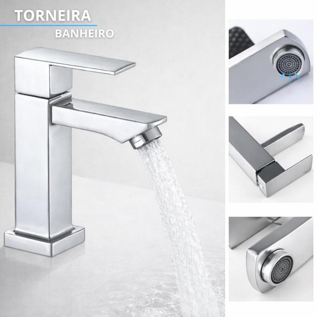 Torneira Banheiro 100% Metal Brilhante Luxo Quadrada Lavabo Água Fria