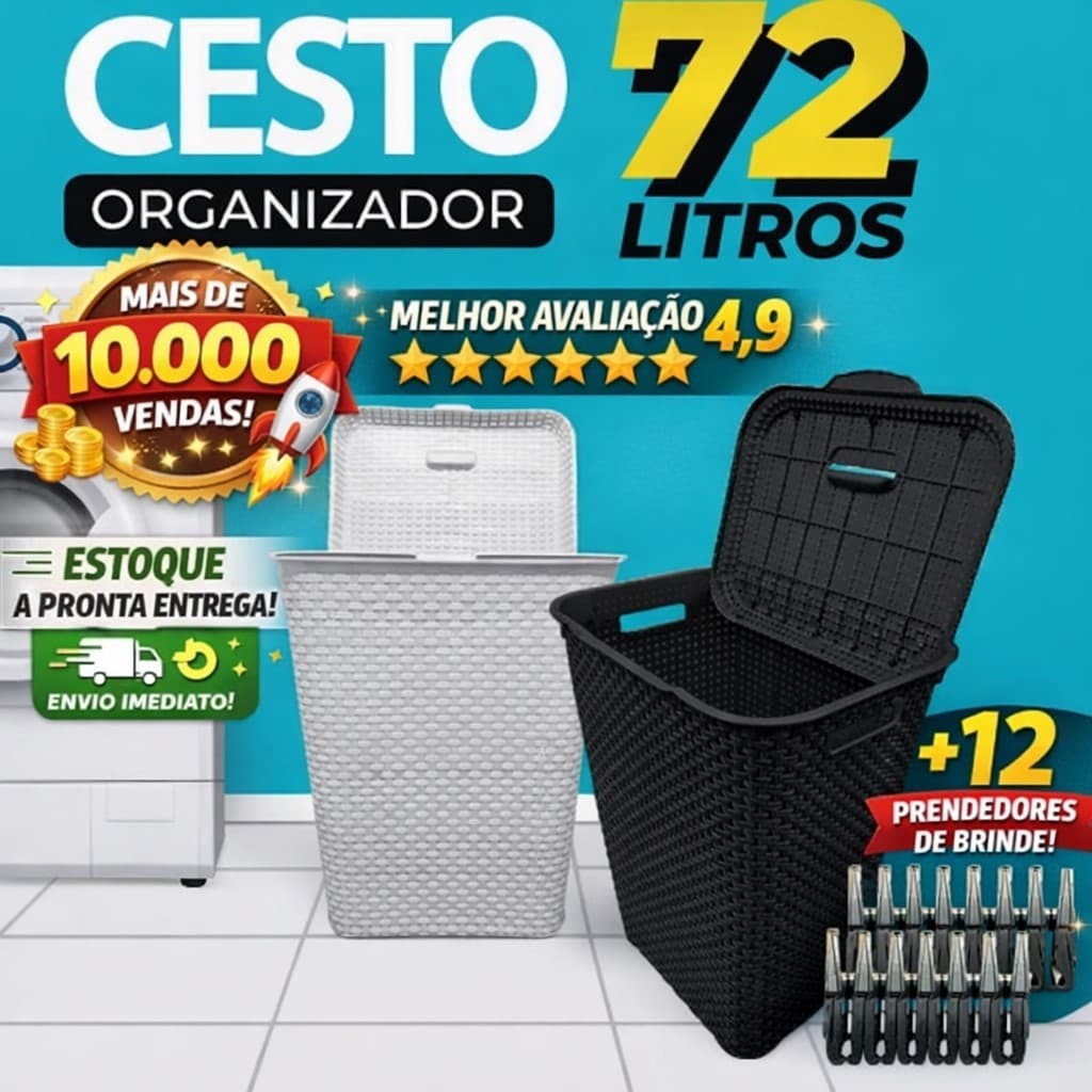Cesto De Roupa Suja 72 Litros Resistente Lavanderia Com Tampa Organizador Roupas Lavanderia Banheiro
