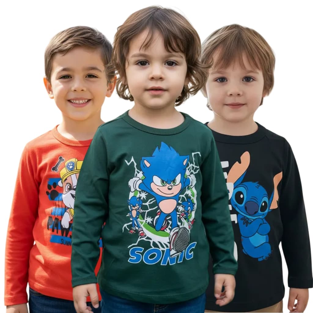 Kit 5 Camiseta Infantil Masculina Manga Longa Estampada Personagens Desenhos 2 à 8 Anos Meia Estação