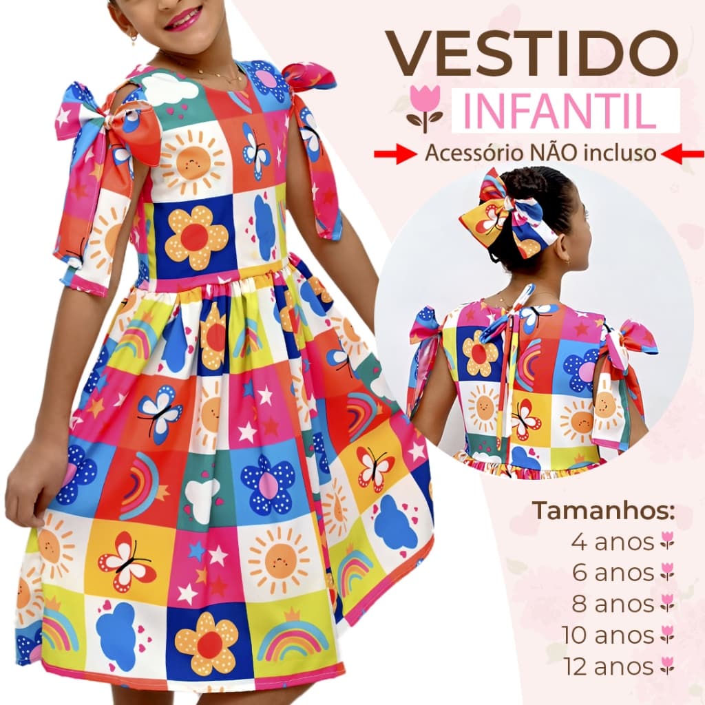 Vestido Infantil/Juvenil Menina Laço Estampado Colorido Luxo Delicado Premium Envio Rápido 4 a 12 Anos