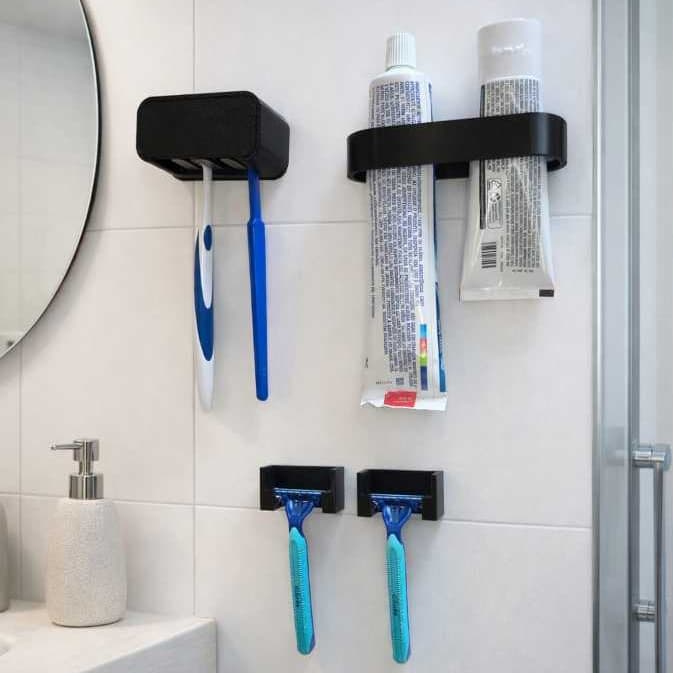 Kit Organizador de Banheiro. Suportes de parede para escovas de dente, barbeador e pastas de dente. Decoração Funcional.