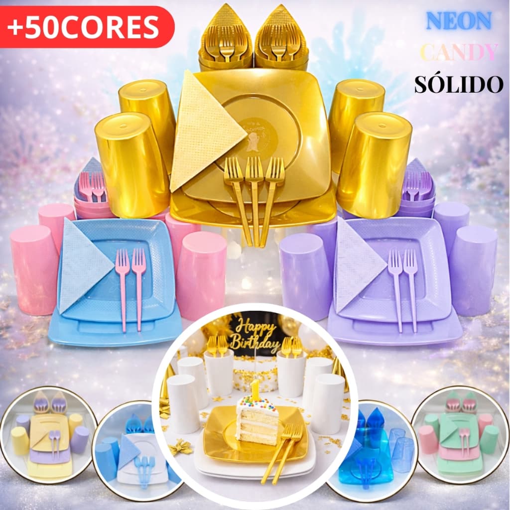 Kit Aniversário 200 Itens Acrílico Festa Completo Guardanapo Prato Copos Garfinhos Descartaveis Para Festa Candy Pasteis