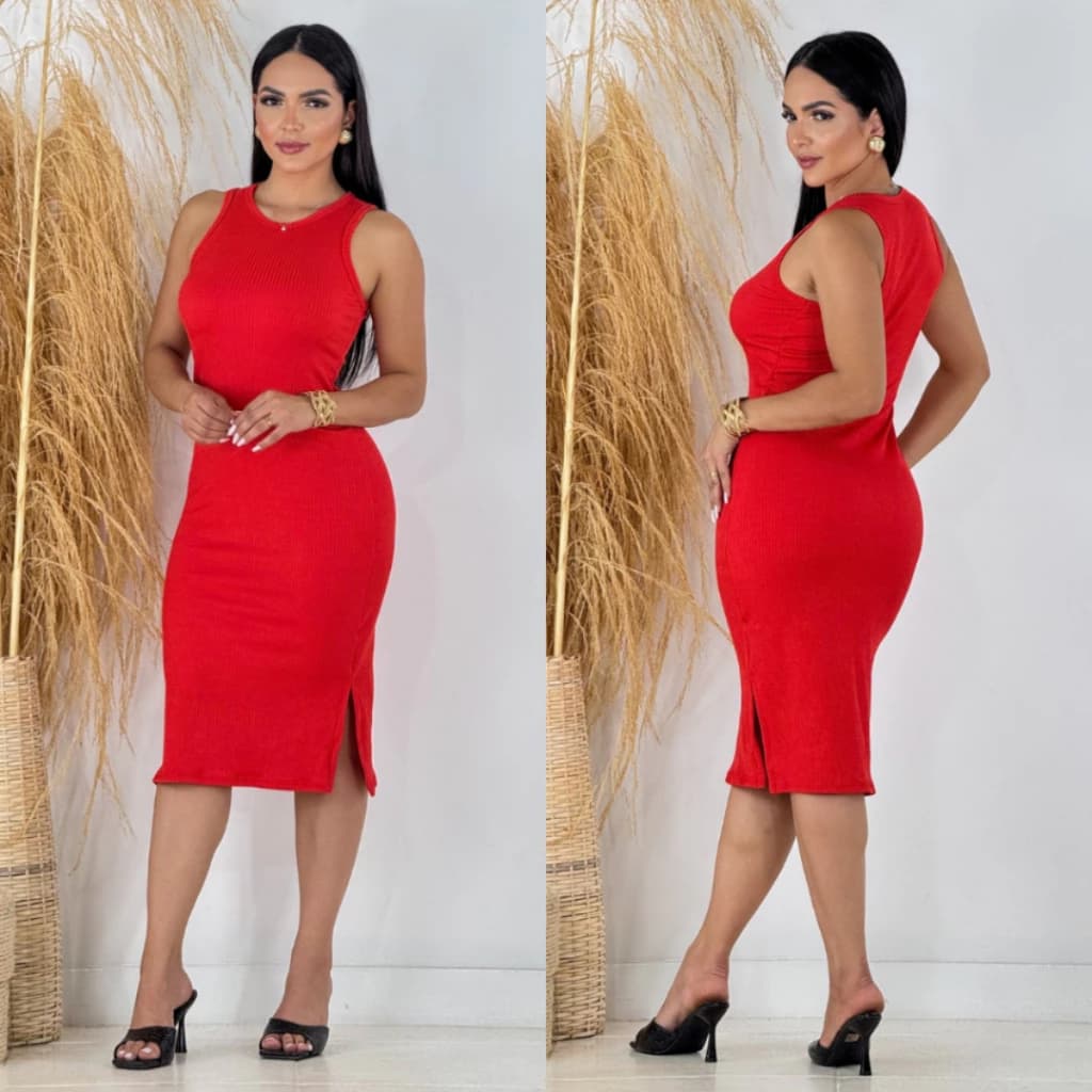 Vestido Midi Tubinho Canelado Regata Com Fenda Lateral Basico Gestante