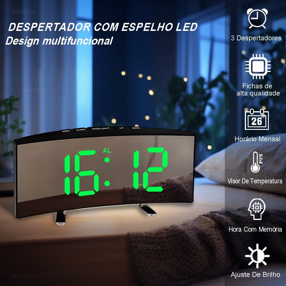 Relógio LED Digital Despertador Com Espelho Apresenta Exibição Da Hora, Data E Temperatura Função De Memória De Hora