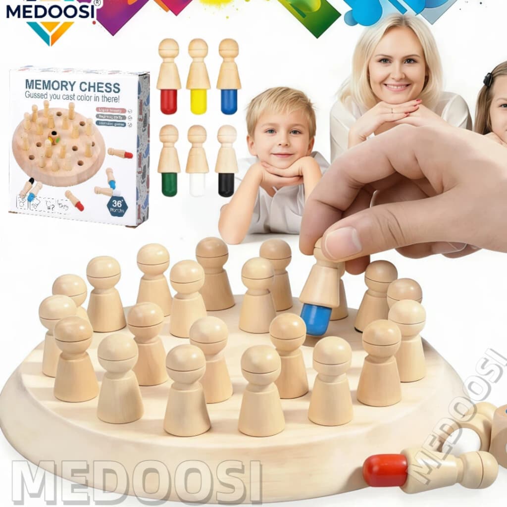 MEDOOSI Jogo de Memória em Madeira para Crianças /Infantil Pinos Coloridos Xadrez 3D Quebra Cabeça /Educativo Brinquedos
