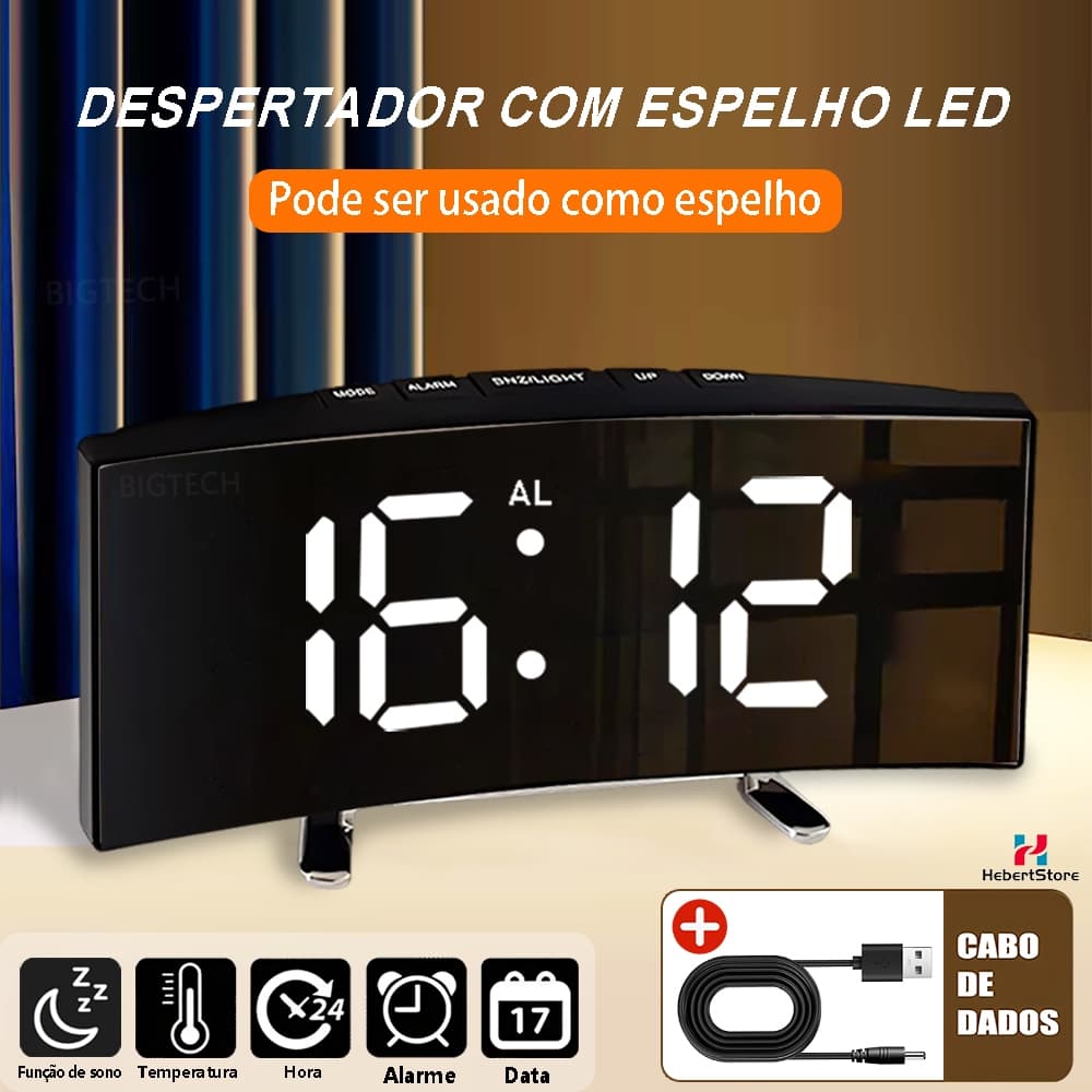 Relógio De Mesa Digital Led Despertador Alarm Com Espelho Curvado Função De Exibição Da Temperatura