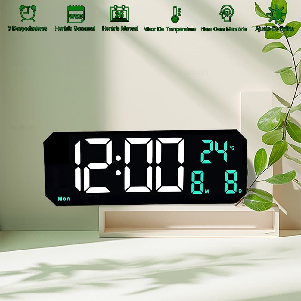 Relógio De Parede Inteligente 3 Alarmes Temperatura Memória Brilho Ajustável