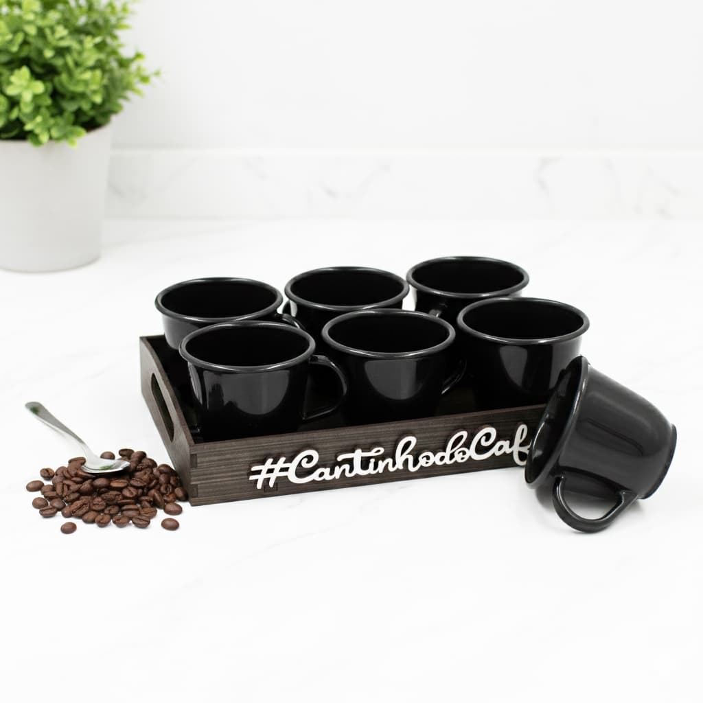 xicaras para cafe - kit cantinho do café com 6 xícaras em acrílico - Bandeja em MDF com aplique