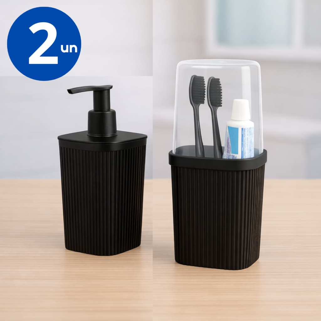 Porta Escova e Porta Sabonete Kit Banheiro Preto Cinza Metalizado PLASUTIL