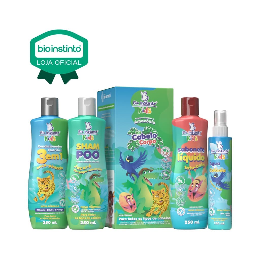 01 KIT KIDS CABELO E CORPO 4 Itens Bio Instinto Sabonete Colonia Shampoo Condicionador Liso Ondulado