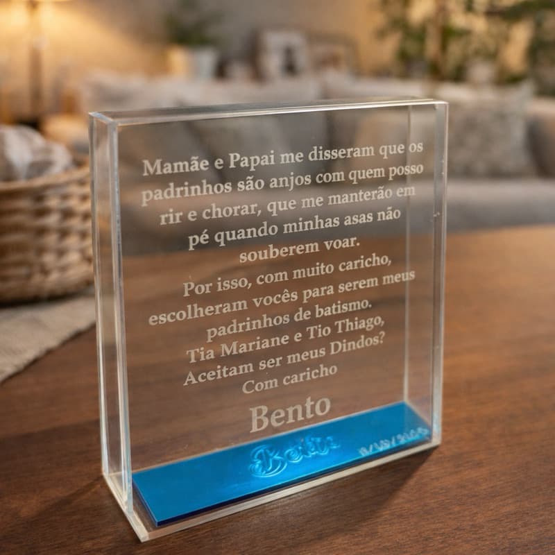 Convite para Padrinhos de Batismo em acrílico, caixa cubo personalizada