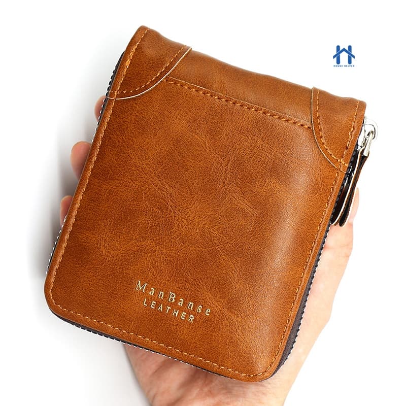 Carteira Masculina de Couro com Zíper Porta Documentos e Cartão com Visor Transparente