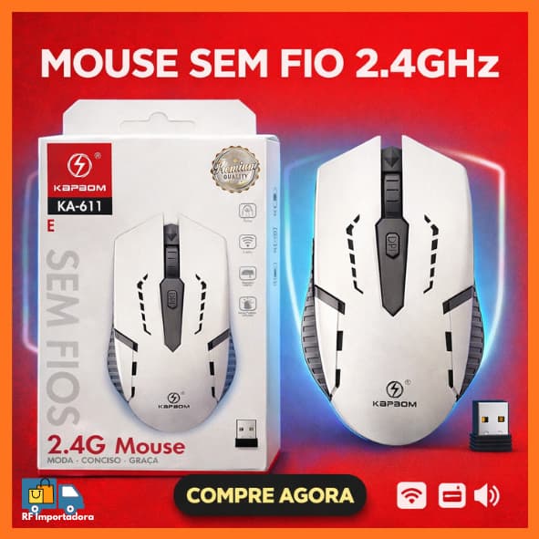 Mouse Óptica Ergonômico Sem Fio Com Receptor USB Interno 2.4Ghz Até 1600 DPI