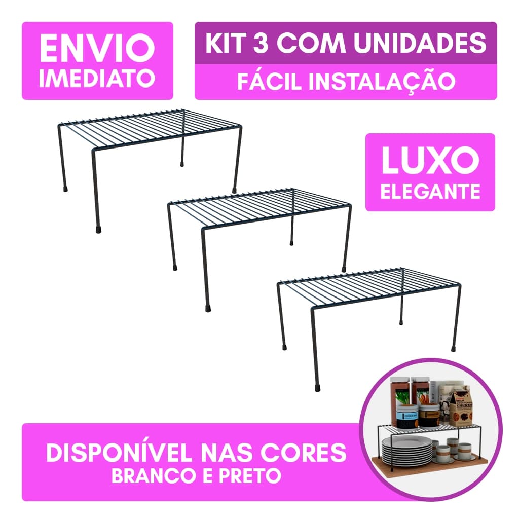 Kit 3 Organizador de Cozinha Rack Prateleira Suspensa Suporte Armário Multiuso 32cm Luxo