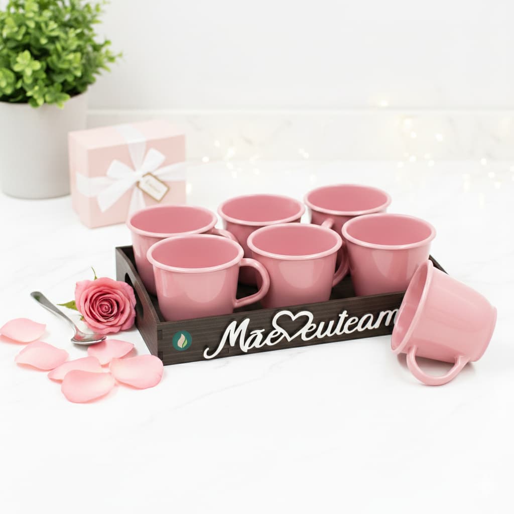 Presente Dia das Mães - 1 Bandeja com aplique Mãe eu te amo e 6 Xícaras acrilicas - MDF decorado