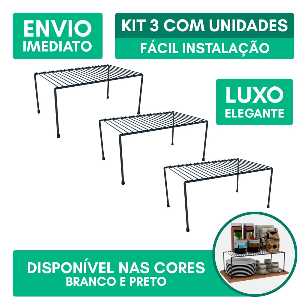 Kit 3 Organizador de Cozinha Rack Prateleira Suspensa Suporte Armário Multiuso 32cm Luxo