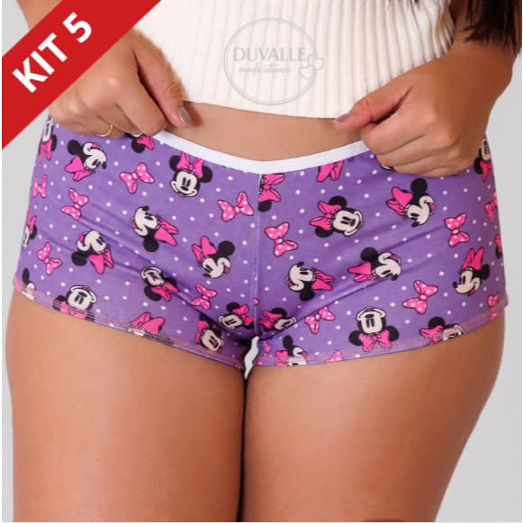 Kit Exclusivo 5 Shortinhos Calcinha Boxer Feminino Microfibra Com Personagem Conforto Diário