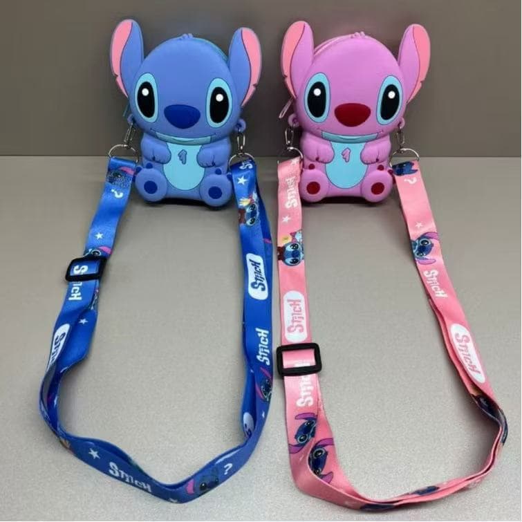 Bolsa Stitch Silicone Azul Rosa Pequena Porta Celular Tiracolo Ajustável Feminina Infantil
