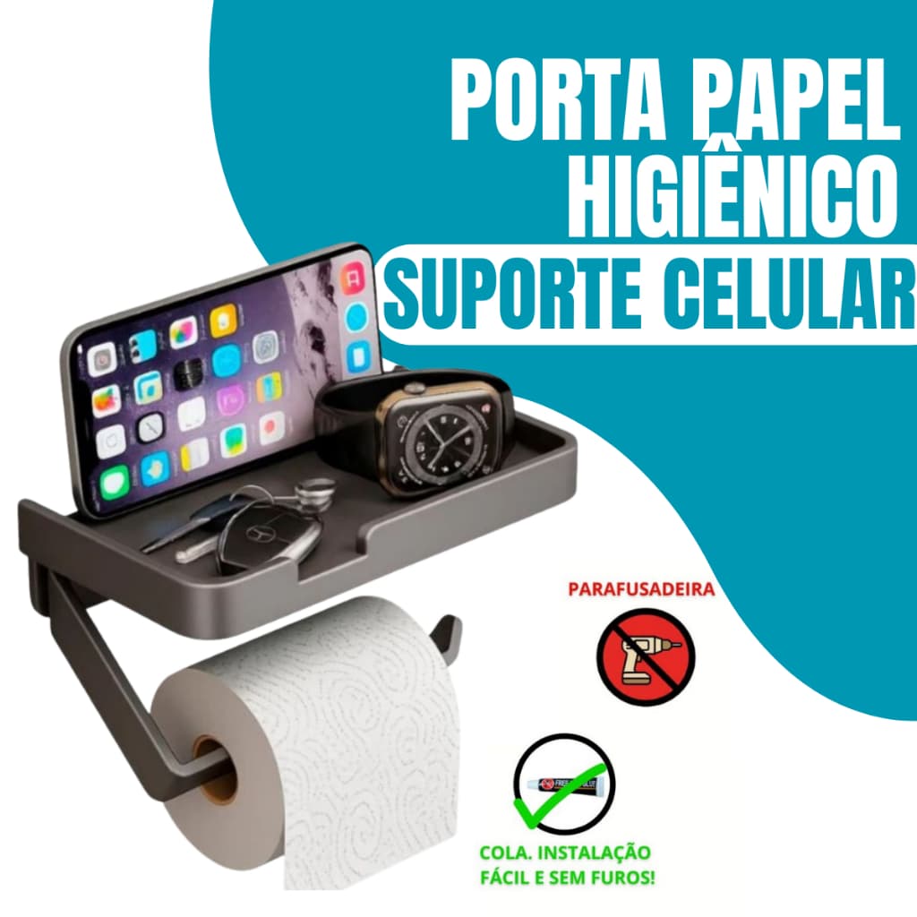 Suporte Papel Higiênico Alumínio Apoio Para Celular  Fixo na Parede Sem Furos Porta Papel Multiuso