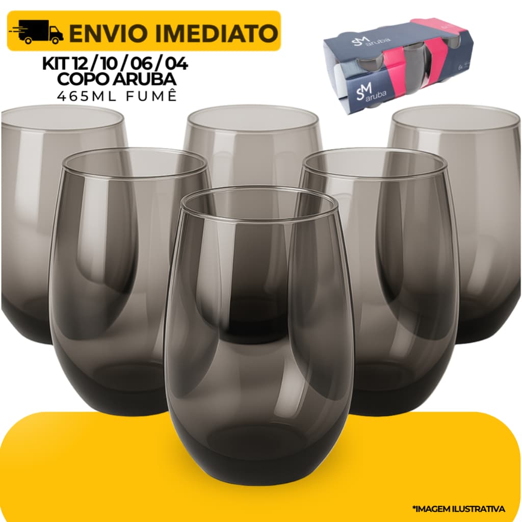 Jogo 12/10/06/04 Copos Aruba Vidro Fumê Luxo 465ml Cinza - Resistente Nadir