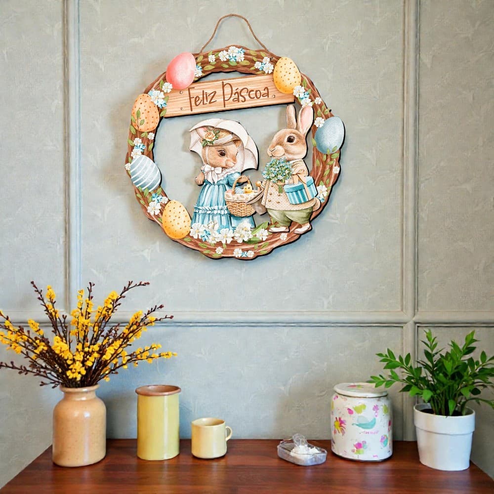 Placa Decorativa Corda Páscoa - Guirlanda Casal De Coelhos - 30 x 30Cm