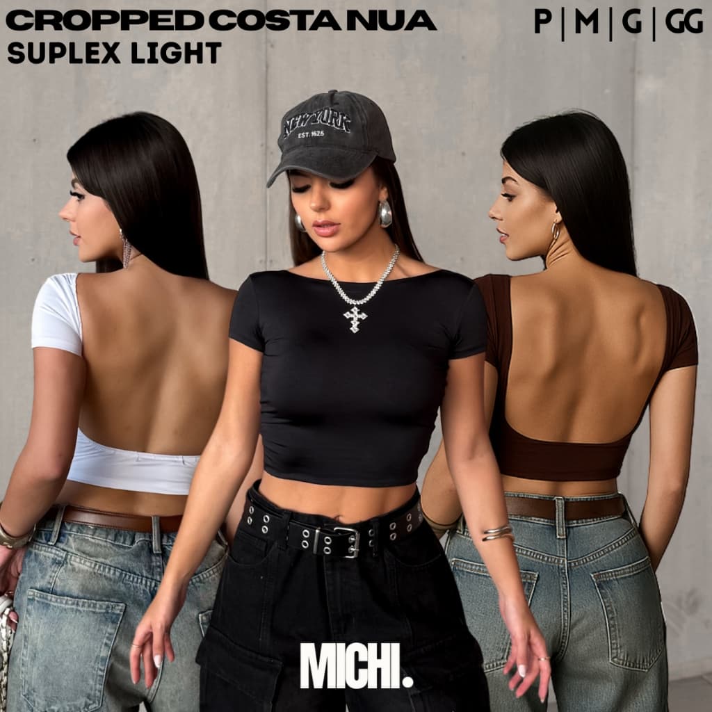 Cropped Costa Nua Suplex Feminina Ombro a Ombro manga curta Baby Tee Liso Casual Básico Tecido Duplo